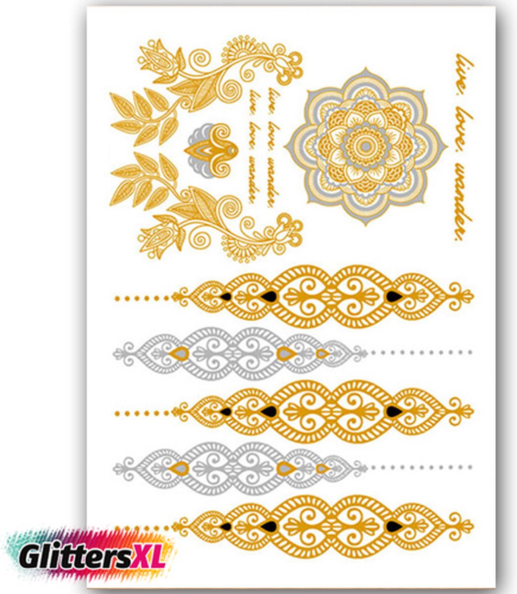 GlittersXL - Tijdelijke Tattoo Goud Ibiza Style (A5 Formaat) [Gold Temporary Fake Tattoos - Hawaii Henna Mandala - Nep tatoeage - Kinderen Volwassenen Vrouwen/Dames]